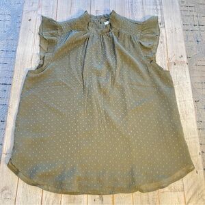 Loft Women’s Med Blouse Ruffle mock Neck Flutter Sleeve Top Shirt Green Cottage